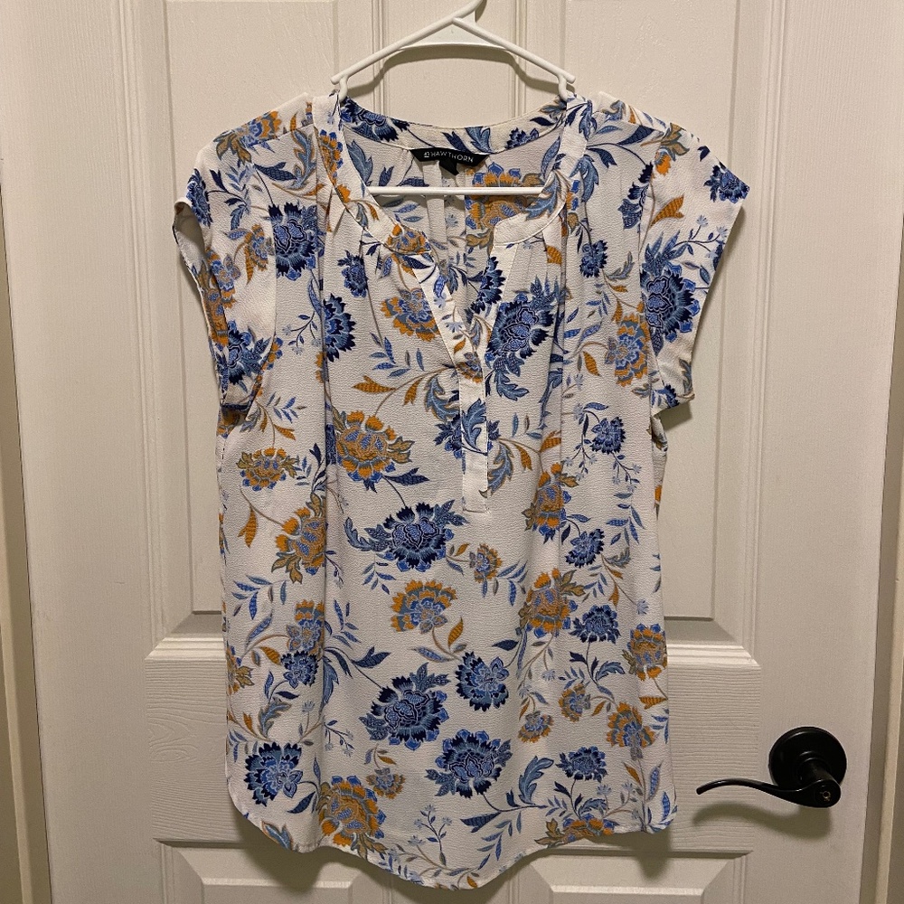 41 Hawthorn White Floral Blouse with Blue and Mustard Print